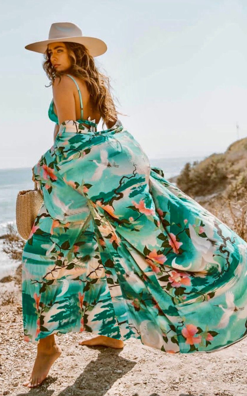 F4837  Floral Print Long Women Beach Dress